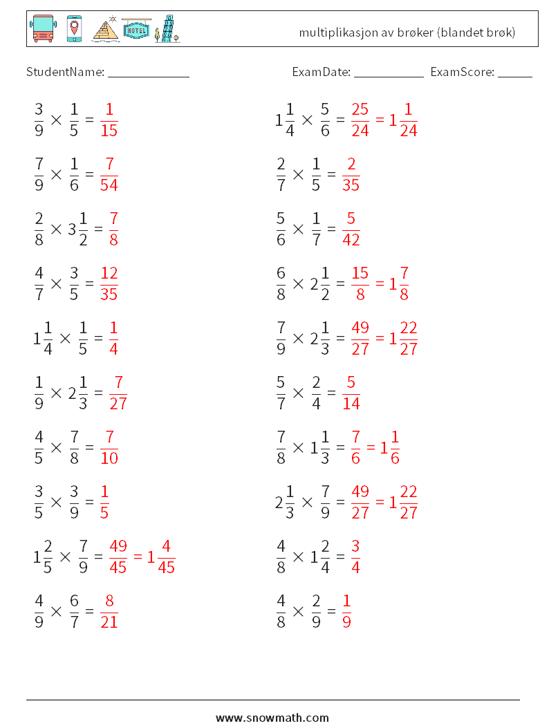 (20) multiplikasjon av brøker (blandet brøk) MathWorksheets 9 QuestionAnswer