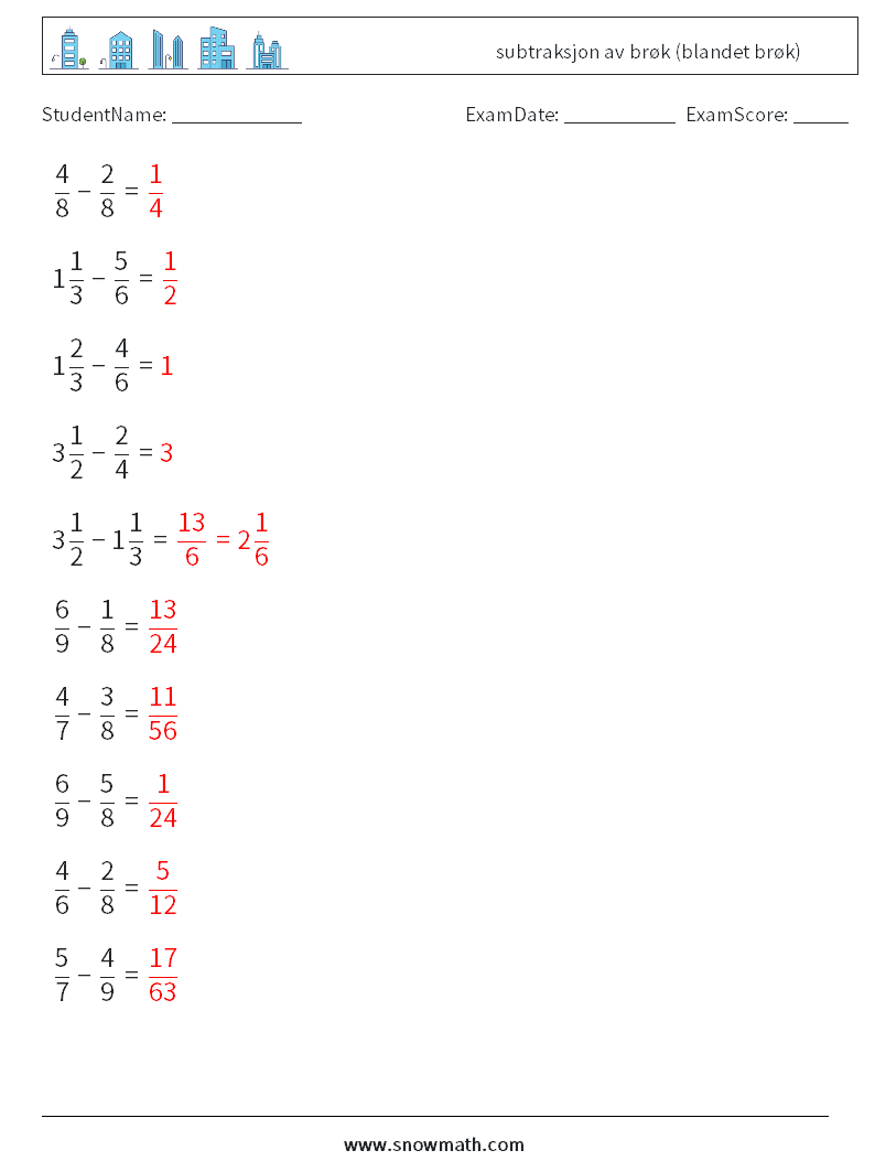 (10) subtraksjon av brøk (blandet brøk) MathWorksheets 10 QuestionAnswer