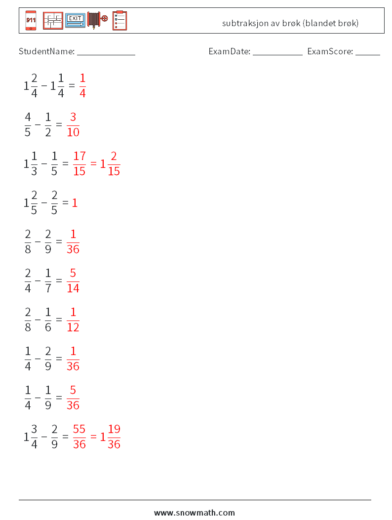 (10) subtraksjon av brøk (blandet brøk) MathWorksheets 11 QuestionAnswer