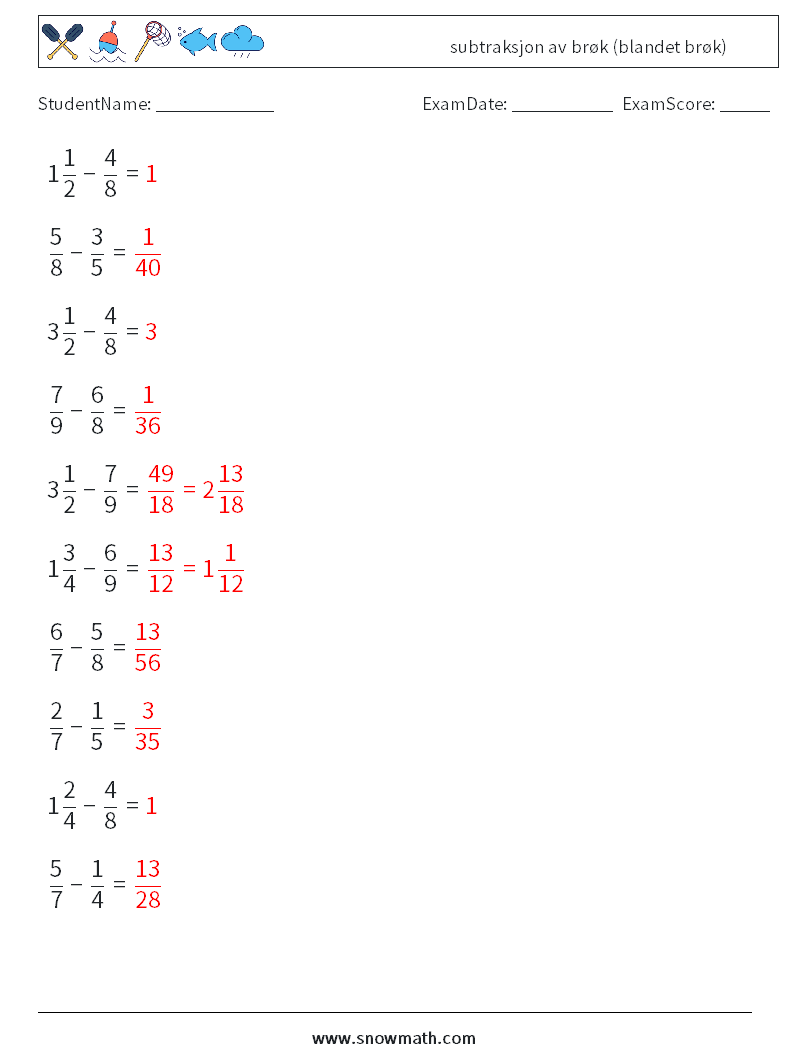 (10) subtraksjon av brøk (blandet brøk) MathWorksheets 12 QuestionAnswer