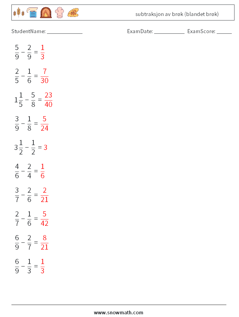 (10) subtraksjon av brøk (blandet brøk) MathWorksheets 13 QuestionAnswer