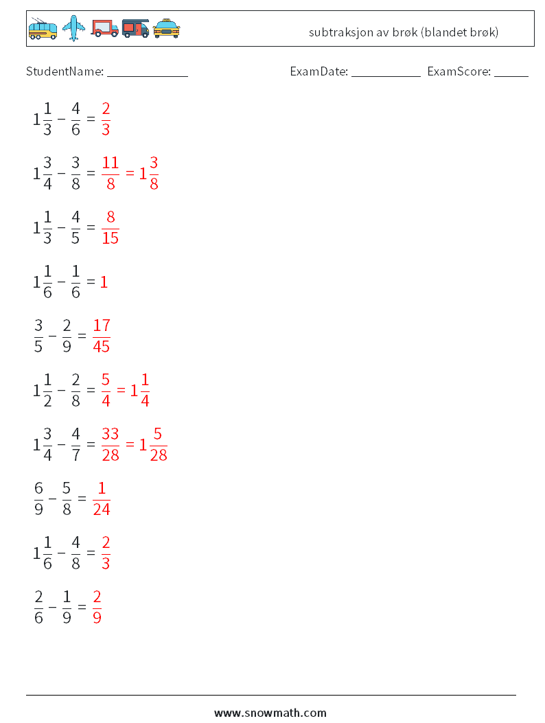 (10) subtraksjon av brøk (blandet brøk) MathWorksheets 14 QuestionAnswer