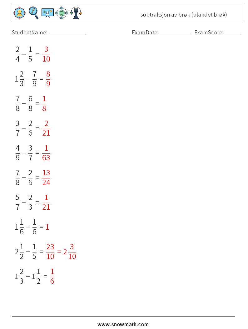 (10) subtraksjon av brøk (blandet brøk) MathWorksheets 16 QuestionAnswer