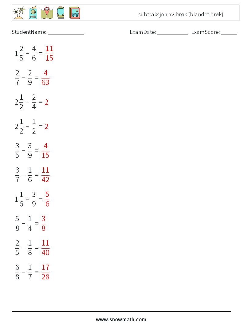 (10) subtraksjon av brøk (blandet brøk) MathWorksheets 17 QuestionAnswer