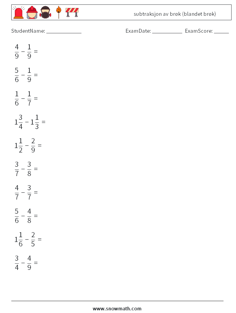 (10) subtraksjon av brøk (blandet brøk) MathWorksheets 7