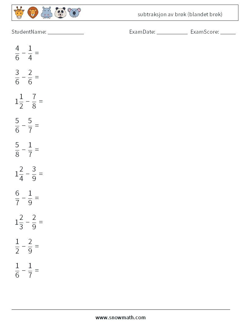 (10) subtraksjon av brøk (blandet brøk) MathWorksheets 8