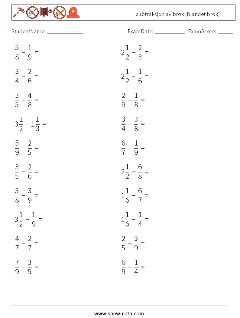(20) subtraksjon av brøk (blandet brøk) MathWorksheets 10