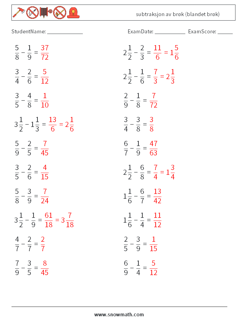 (20) subtraksjon av brøk (blandet brøk) MathWorksheets 10 QuestionAnswer