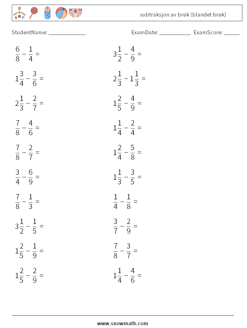 (20) subtraksjon av brøk (blandet brøk) MathWorksheets 11