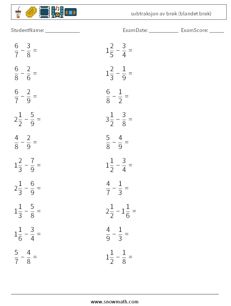 (20) subtraksjon av brøk (blandet brøk) MathWorksheets 12
