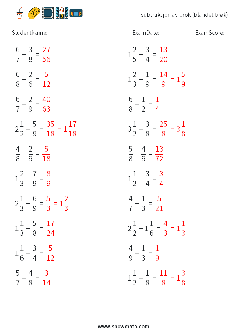 (20) subtraksjon av brøk (blandet brøk) MathWorksheets 12 QuestionAnswer