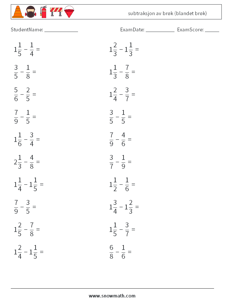 (20) subtraksjon av brøk (blandet brøk) MathWorksheets 13