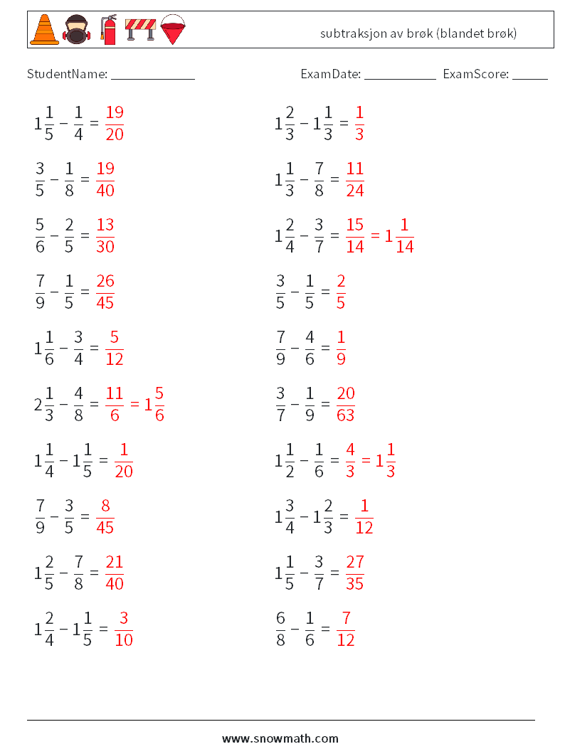 (20) subtraksjon av brøk (blandet brøk) MathWorksheets 13 QuestionAnswer