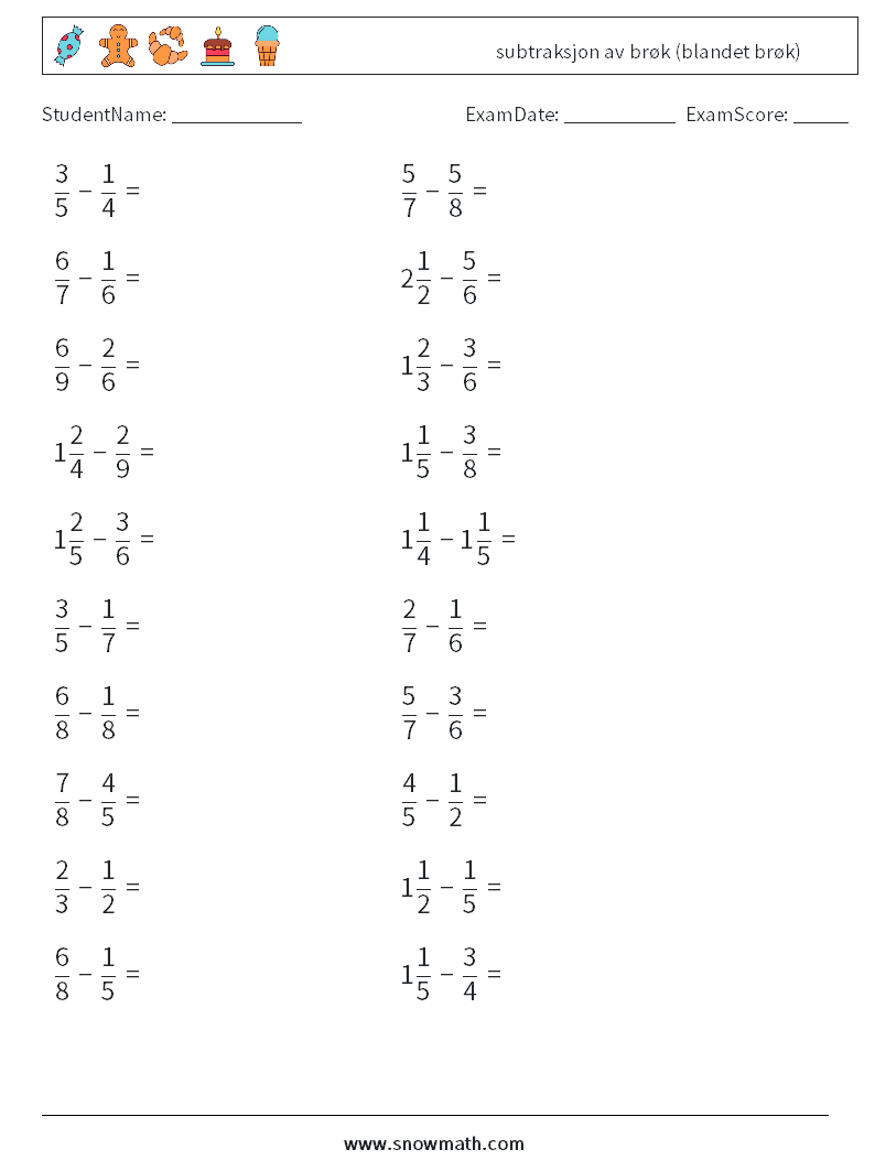 (20) subtraksjon av brøk (blandet brøk) MathWorksheets 14