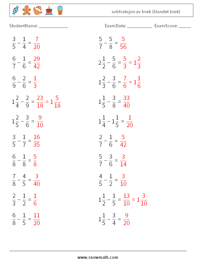 (20) subtraksjon av brøk (blandet brøk) MathWorksheets 14 QuestionAnswer