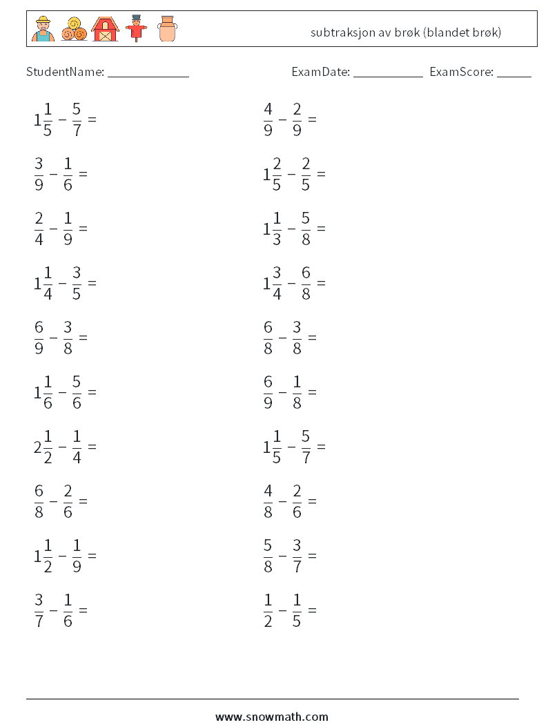 (20) subtraksjon av brøk (blandet brøk) MathWorksheets 15
