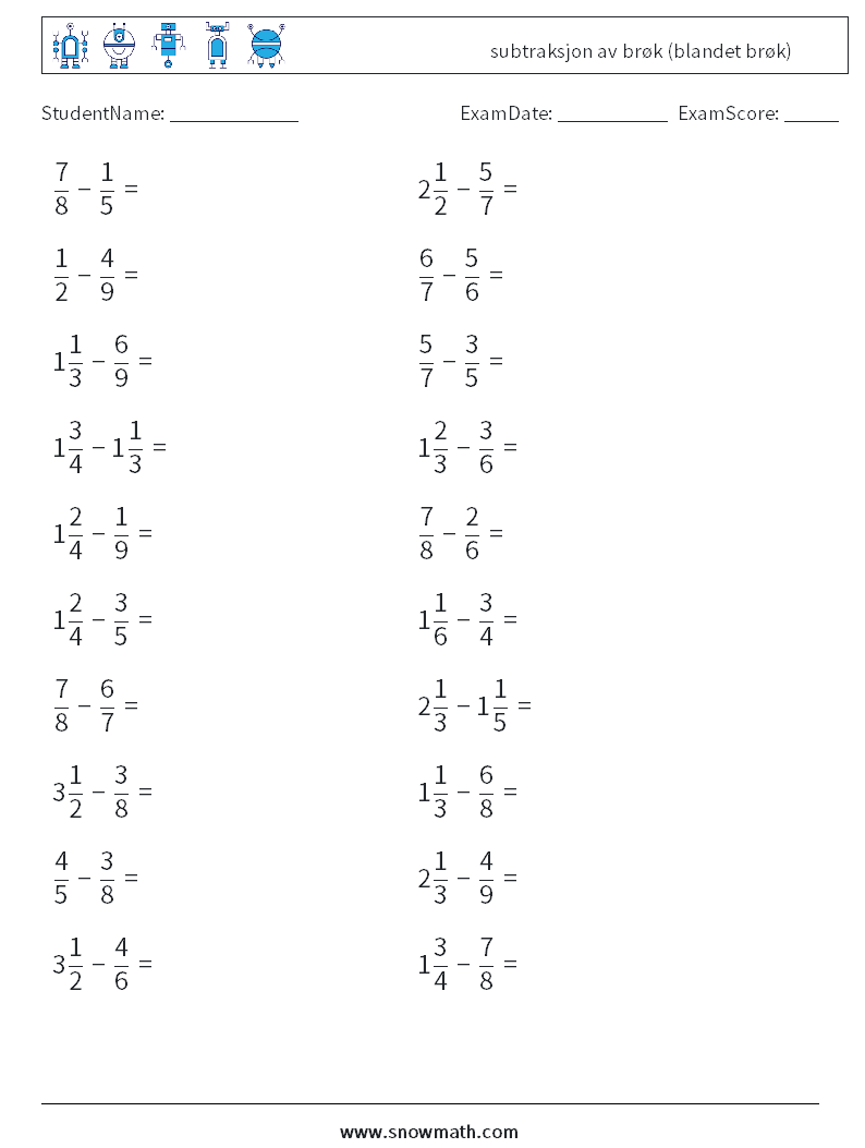 (20) subtraksjon av brøk (blandet brøk) MathWorksheets 16
