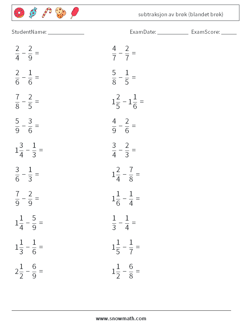 (20) subtraksjon av brøk (blandet brøk) MathWorksheets 17