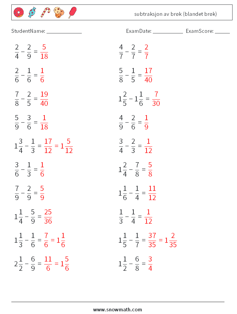 (20) subtraksjon av brøk (blandet brøk) MathWorksheets 17 QuestionAnswer