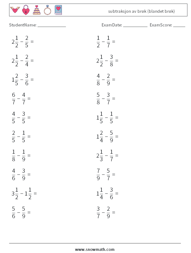 (20) subtraksjon av brøk (blandet brøk) MathWorksheets 18