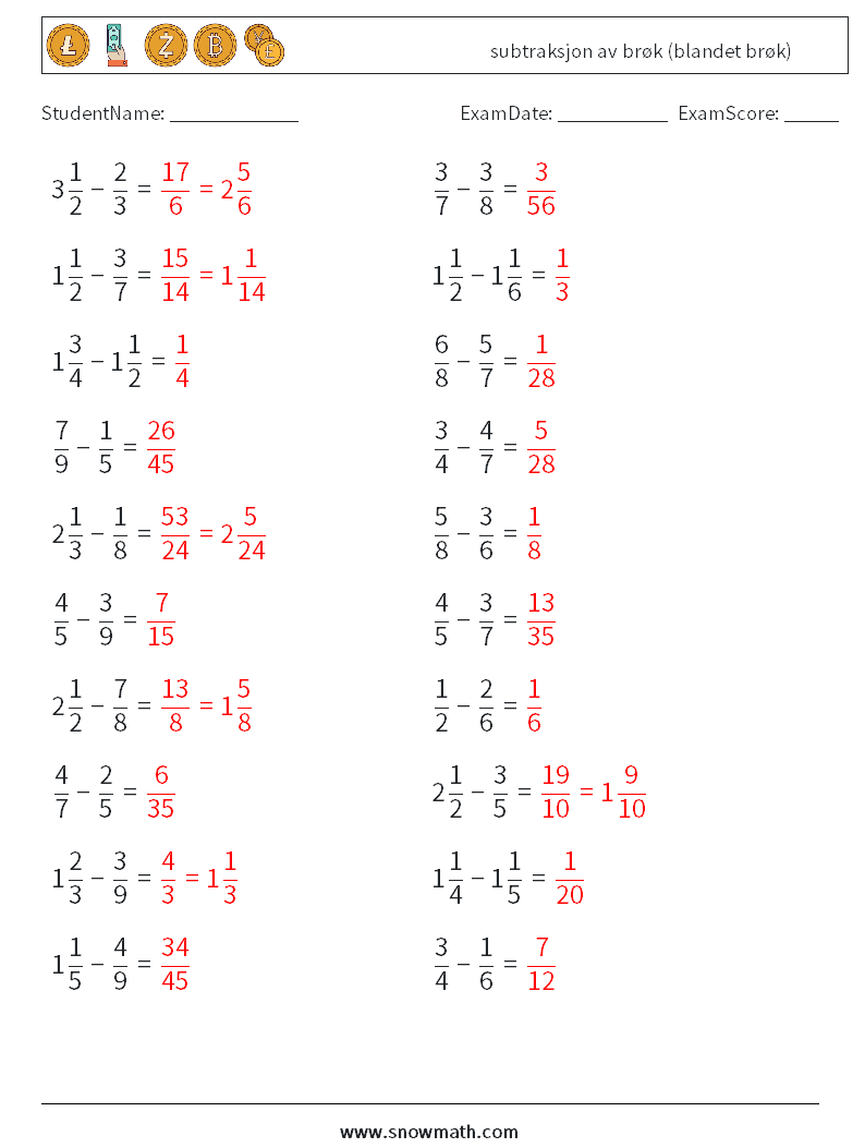 (20) subtraksjon av brøk (blandet brøk) MathWorksheets 1 QuestionAnswer
