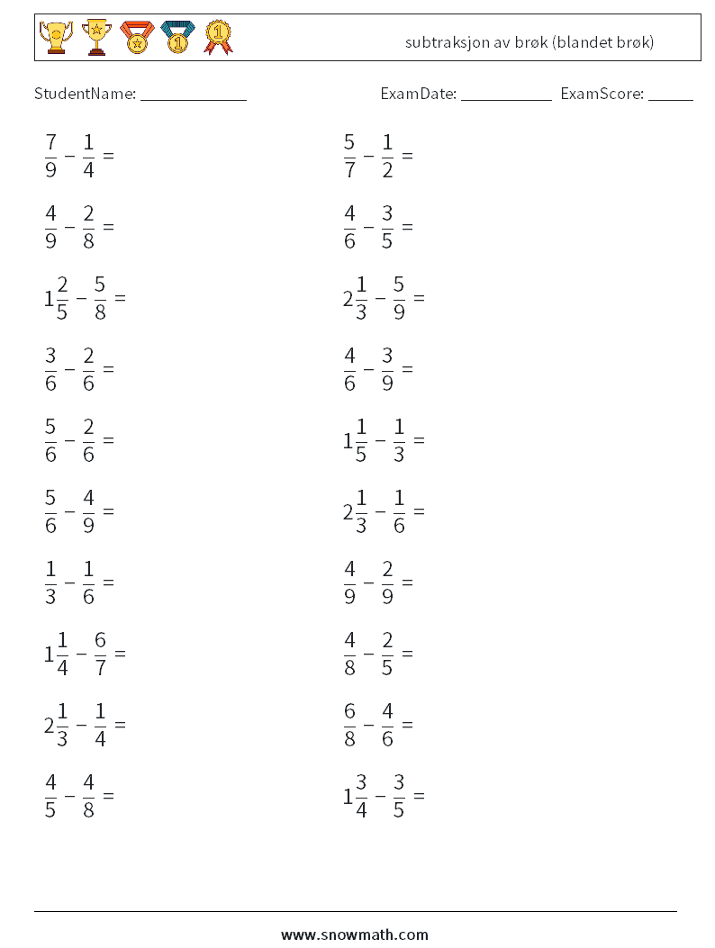 (20) subtraksjon av brøk (blandet brøk) MathWorksheets 2