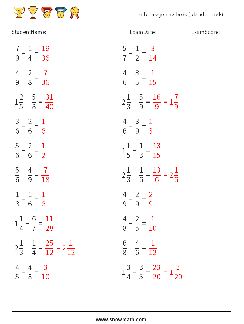(20) subtraksjon av brøk (blandet brøk) MathWorksheets 2 QuestionAnswer