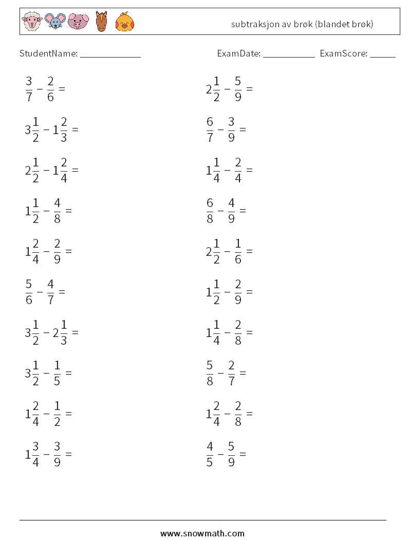 (20) subtraksjon av brøk (blandet brøk) MathWorksheets 3