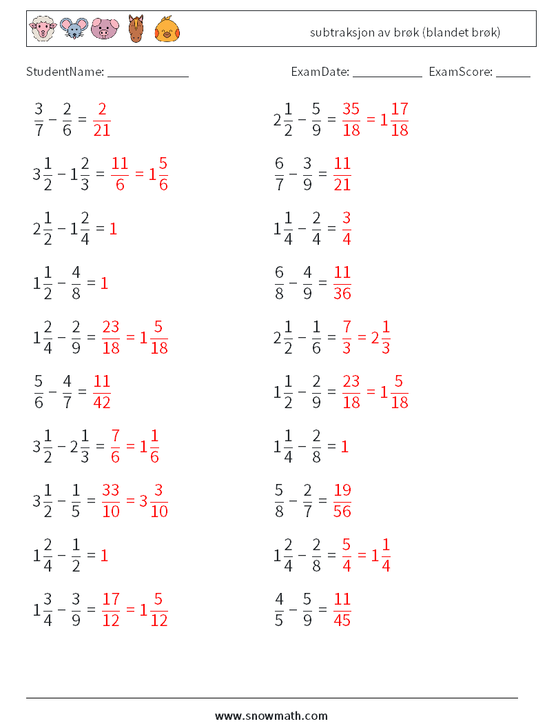 (20) subtraksjon av brøk (blandet brøk) MathWorksheets 3 QuestionAnswer