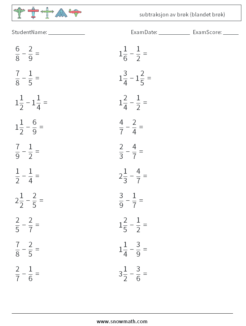 (20) subtraksjon av brøk (blandet brøk) MathWorksheets 4