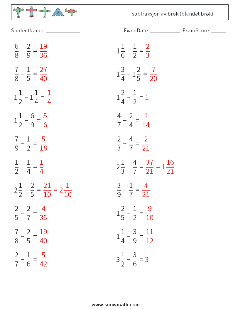 (20) subtraksjon av brøk (blandet brøk) MathWorksheets 4 QuestionAnswer