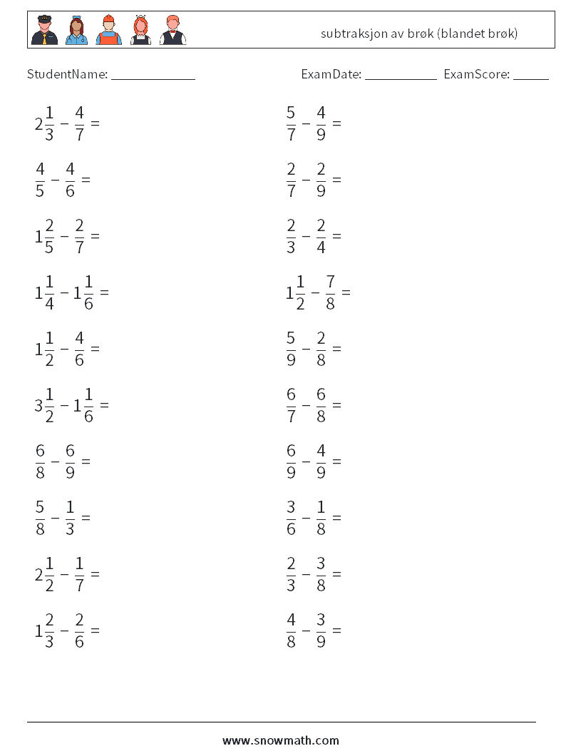 (20) subtraksjon av brøk (blandet brøk) MathWorksheets 5
