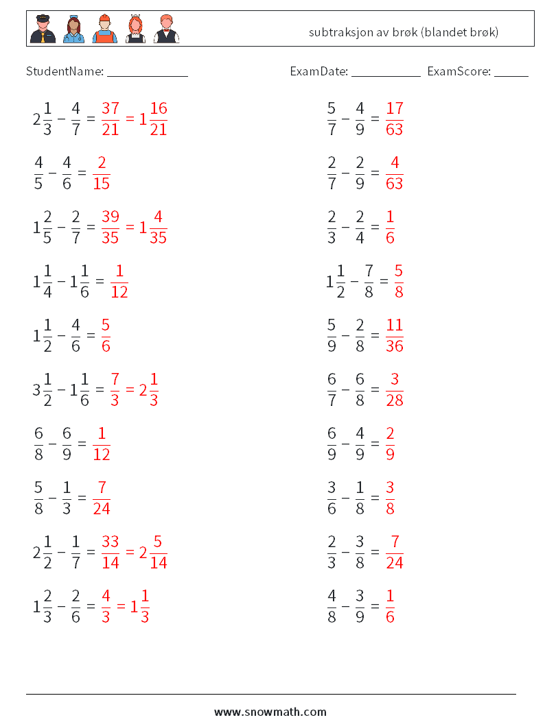 (20) subtraksjon av brøk (blandet brøk) MathWorksheets 5 QuestionAnswer