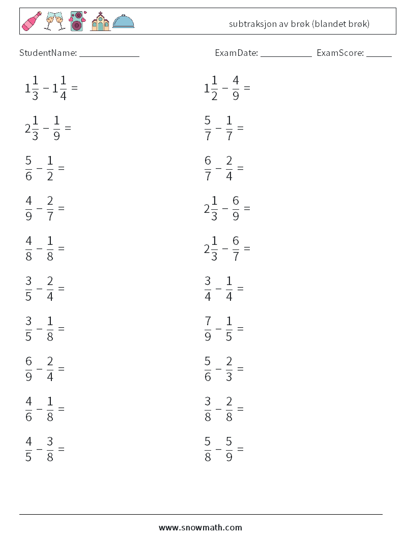 (20) subtraksjon av brøk (blandet brøk) MathWorksheets 6