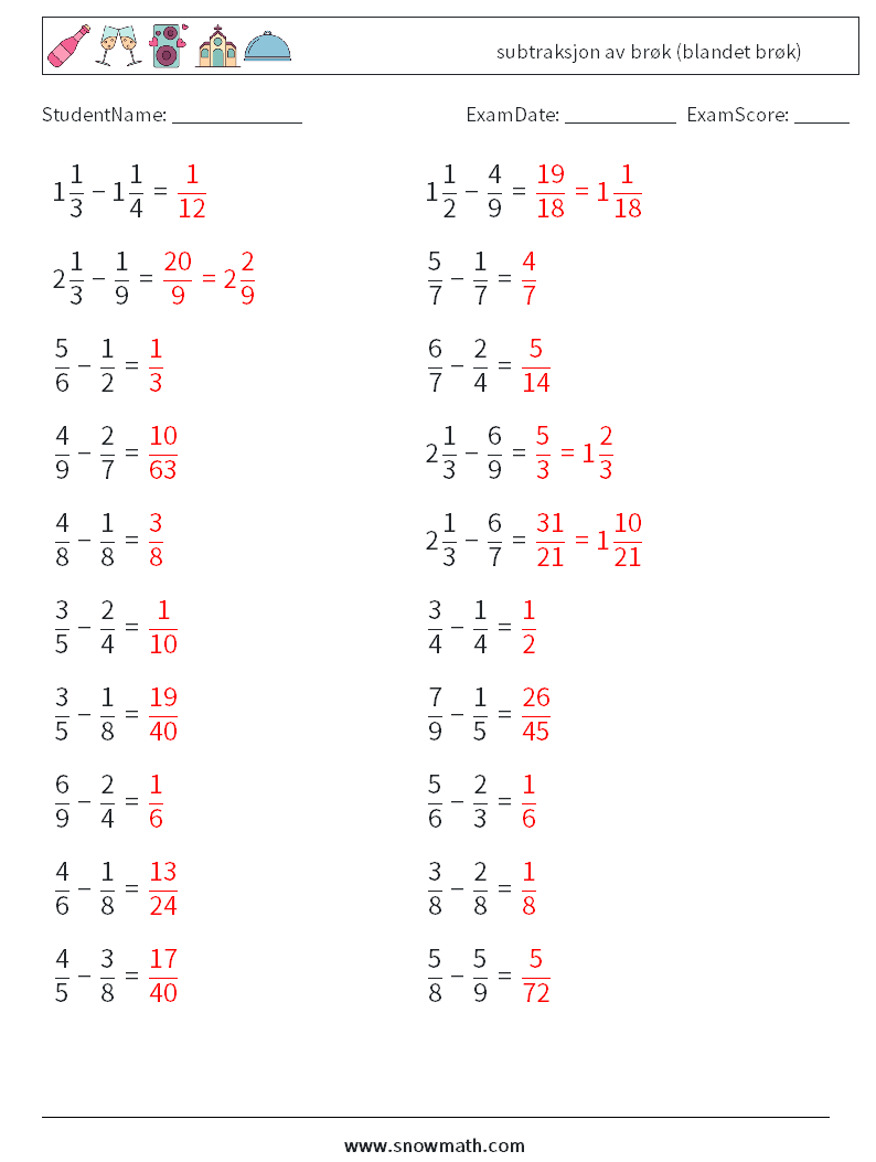 (20) subtraksjon av brøk (blandet brøk) MathWorksheets 6 QuestionAnswer