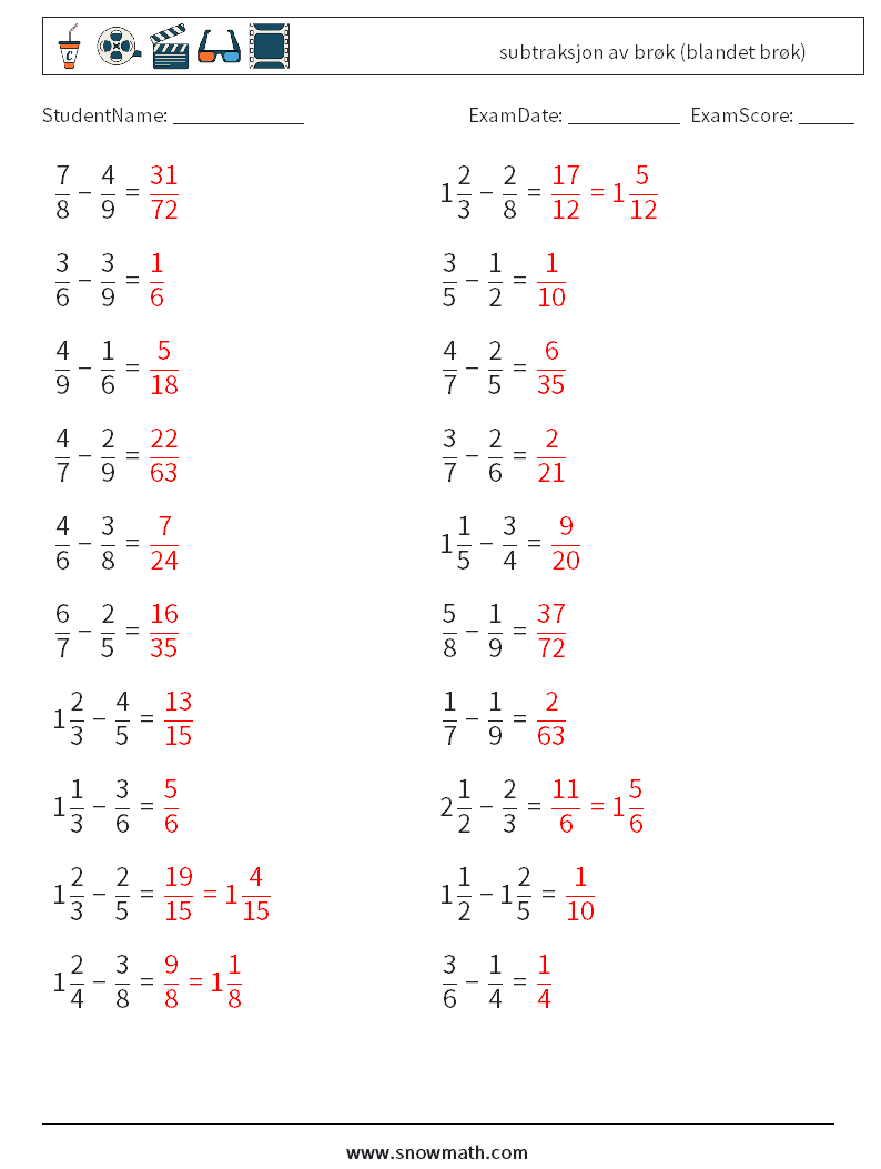(20) subtraksjon av brøk (blandet brøk) MathWorksheets 7 QuestionAnswer