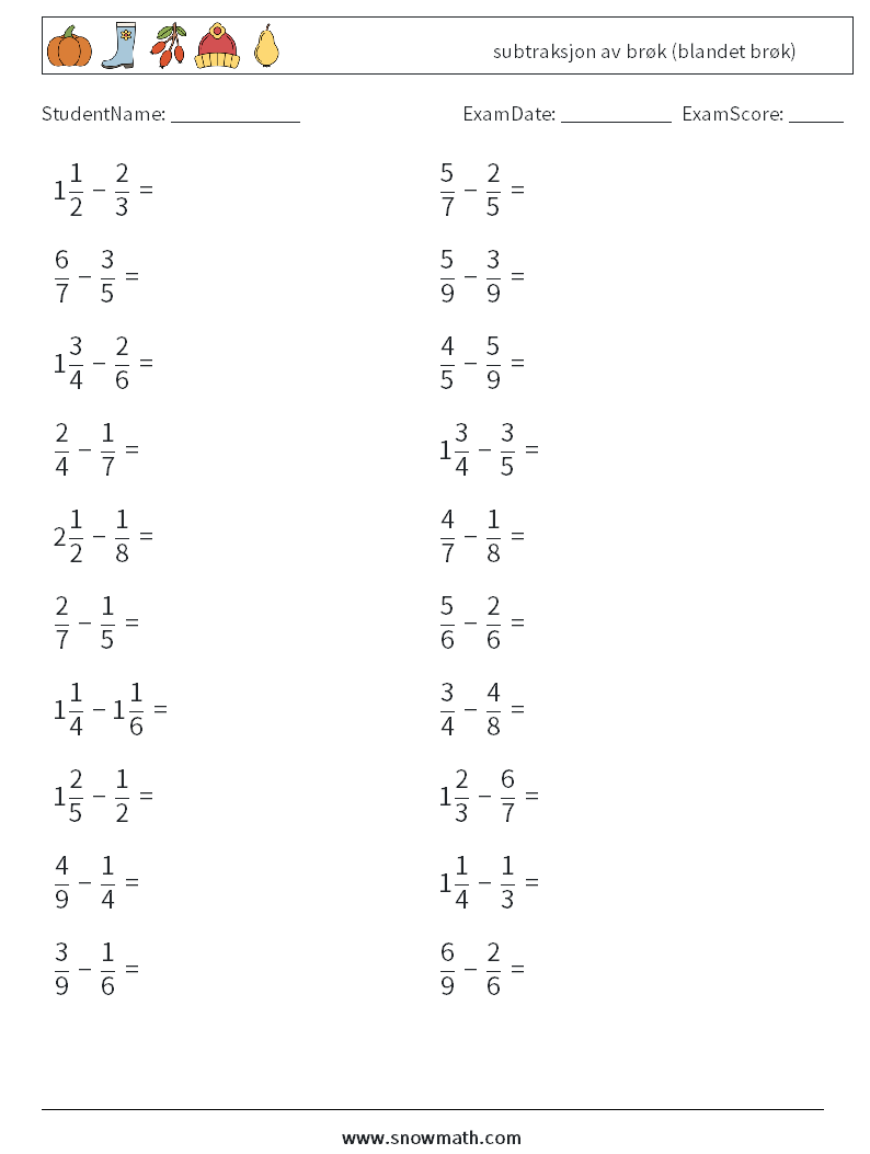 (20) subtraksjon av brøk (blandet brøk) MathWorksheets 8