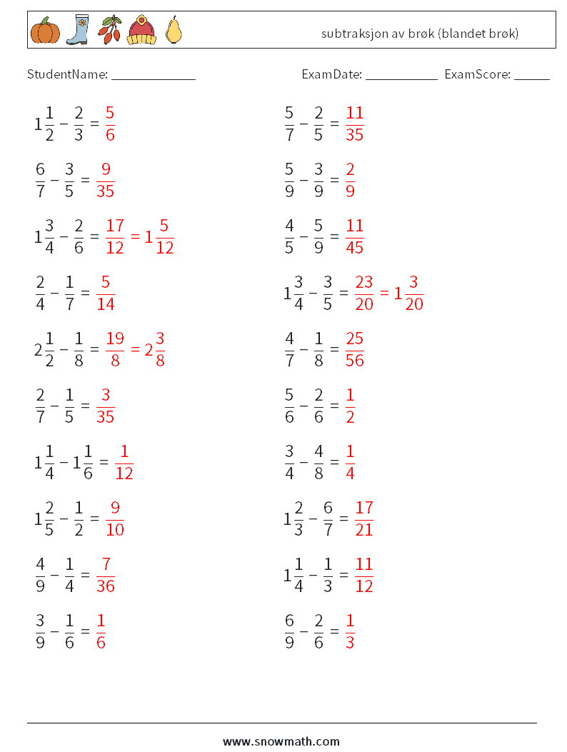 (20) subtraksjon av brøk (blandet brøk) MathWorksheets 8 QuestionAnswer