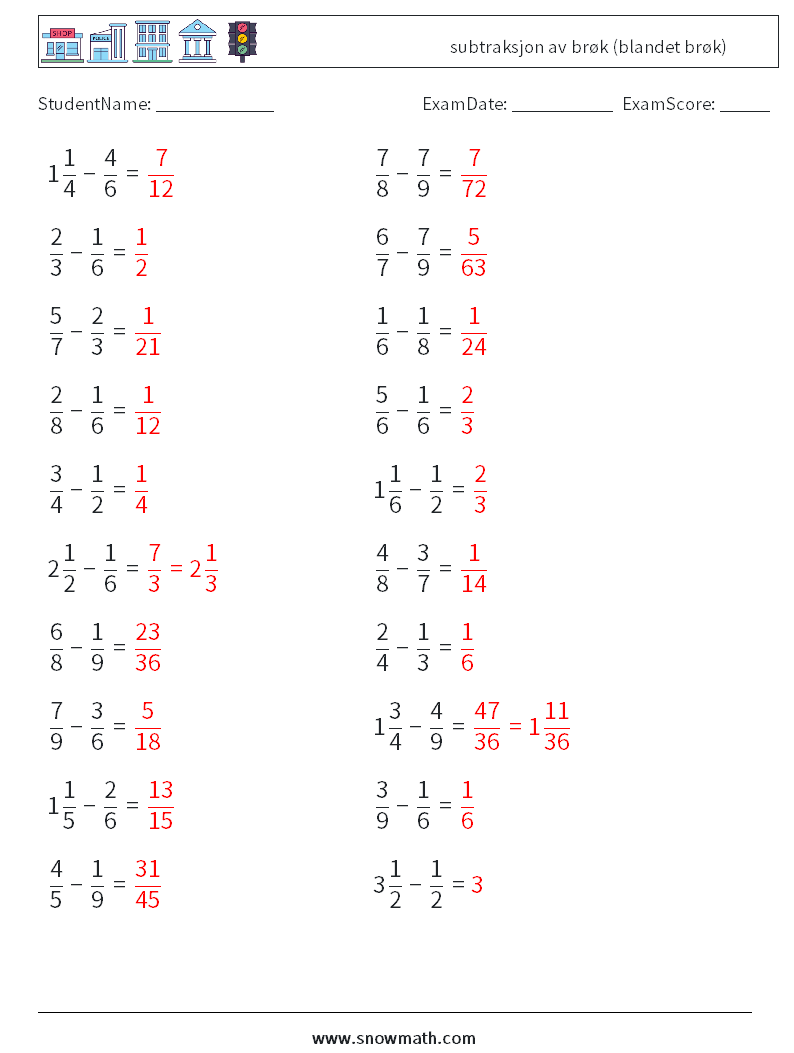 (20) subtraksjon av brøk (blandet brøk) MathWorksheets 9 QuestionAnswer