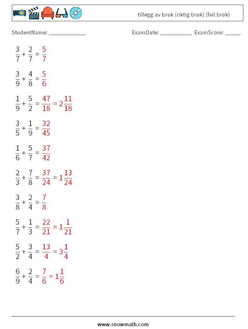 (10) tillegg av brøk (riktig brøk) (feil brøk) MathWorksheets 11 QuestionAnswer