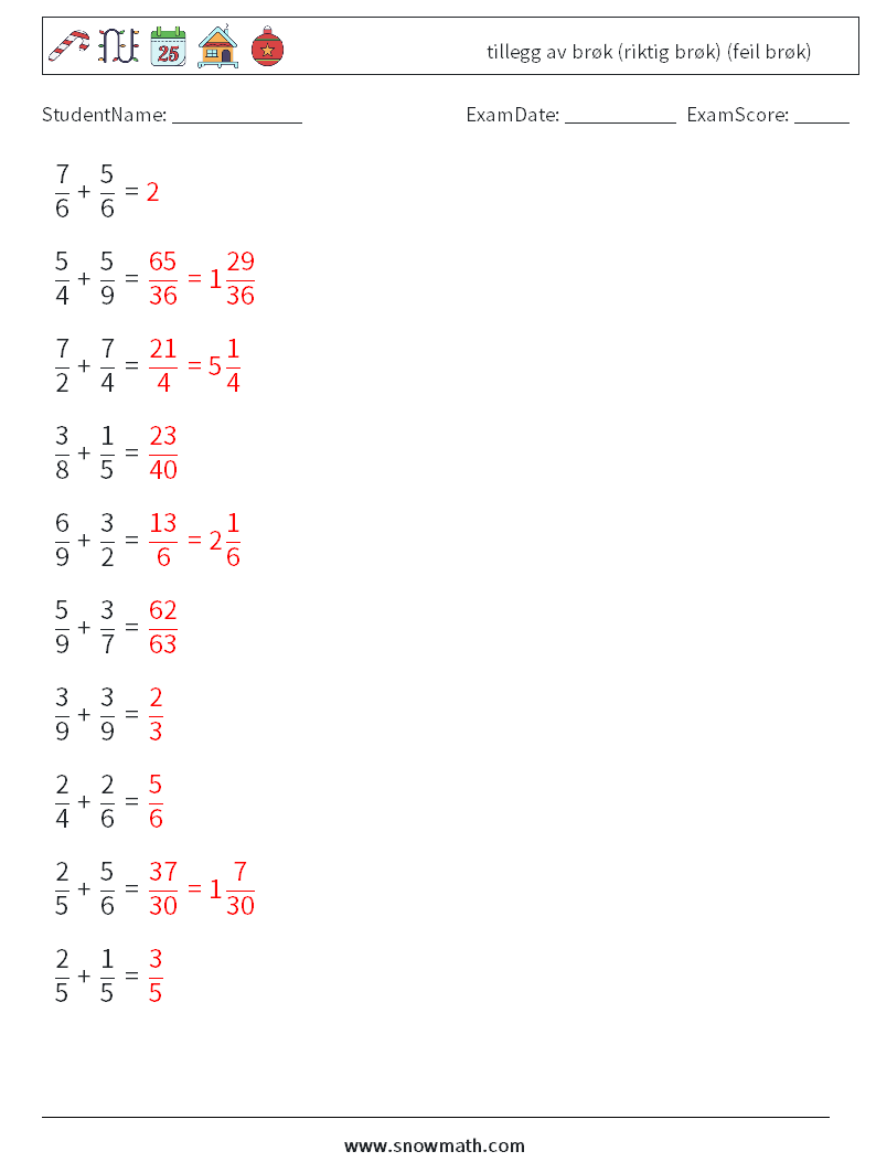 (10) tillegg av brøk (riktig brøk) (feil brøk) MathWorksheets 14 QuestionAnswer