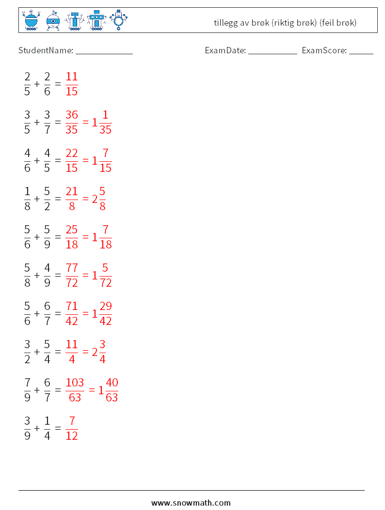 (10) tillegg av brøk (riktig brøk) (feil brøk) MathWorksheets 15 QuestionAnswer