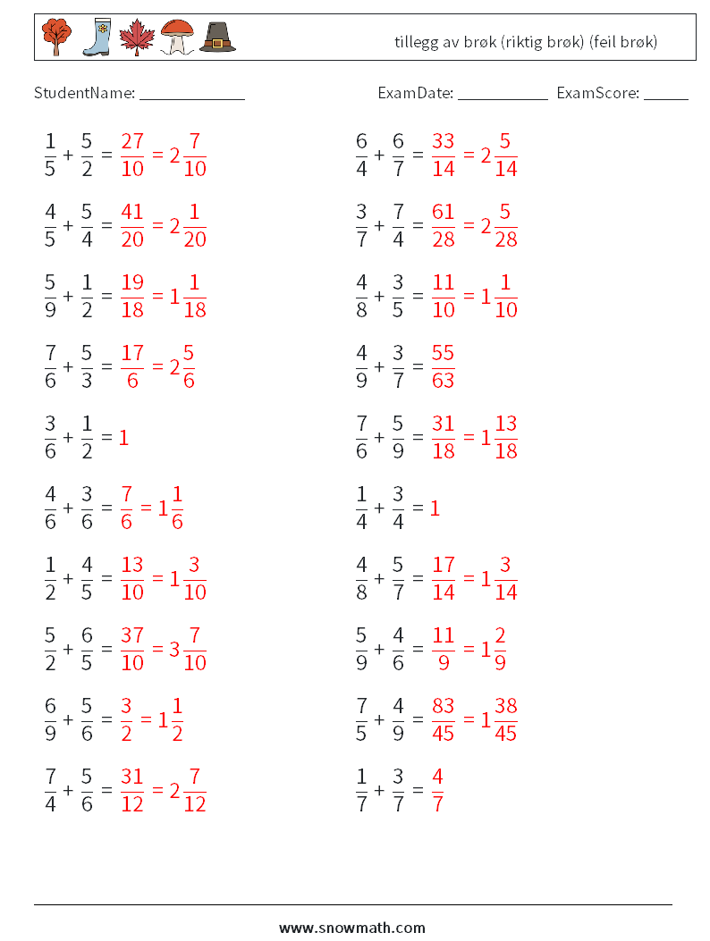 (20) tillegg av brøk (riktig brøk) (feil brøk) MathWorksheets 10 QuestionAnswer