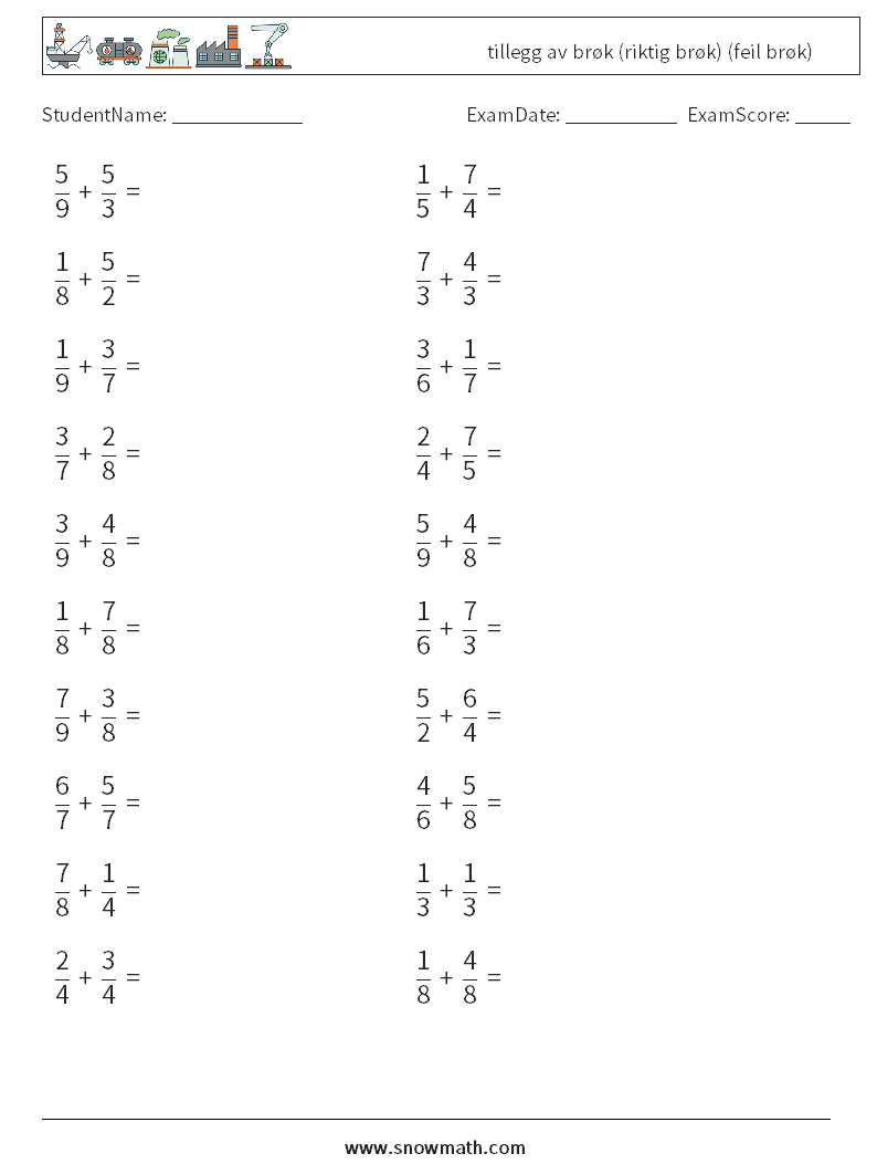 (20) tillegg av brøk (riktig brøk) (feil brøk) MathWorksheets 11
