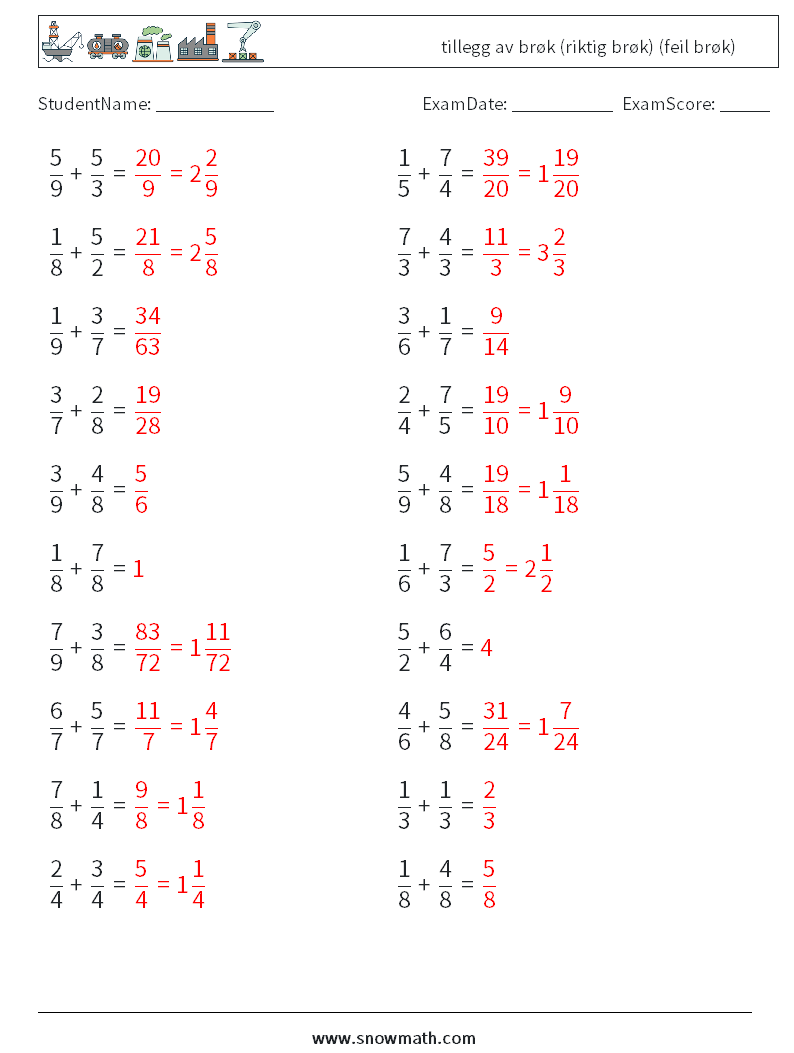 (20) tillegg av brøk (riktig brøk) (feil brøk) MathWorksheets 11 QuestionAnswer