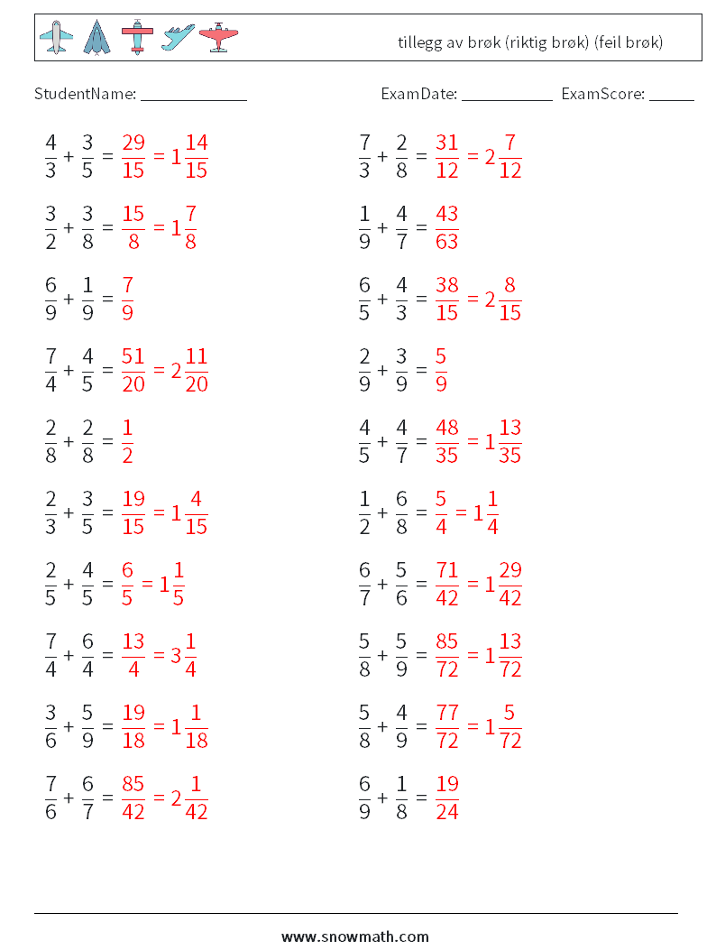 (20) tillegg av brøk (riktig brøk) (feil brøk) MathWorksheets 12 QuestionAnswer