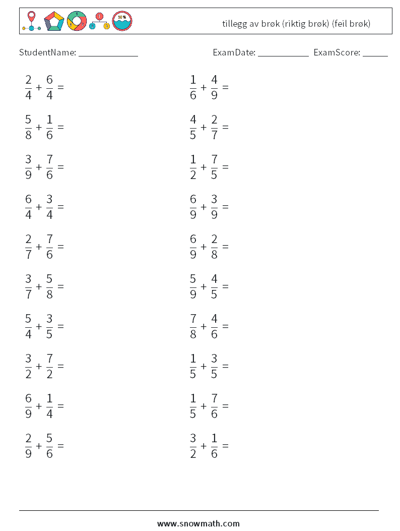 (20) tillegg av brøk (riktig brøk) (feil brøk) MathWorksheets 13