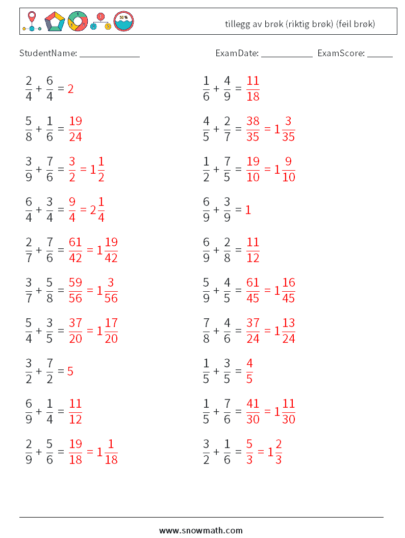 (20) tillegg av brøk (riktig brøk) (feil brøk) MathWorksheets 13 QuestionAnswer