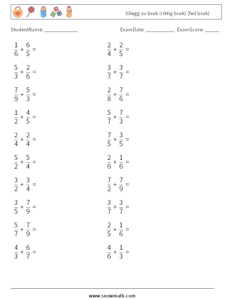 (20) tillegg av brøk (riktig brøk) (feil brøk) MathWorksheets 14