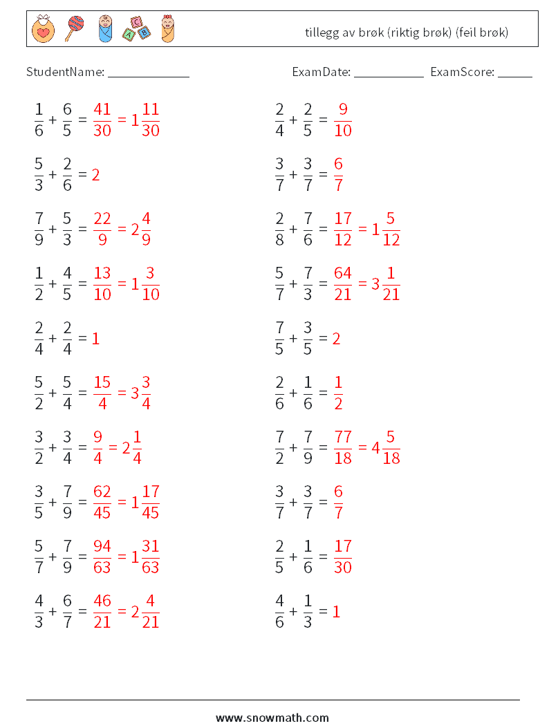 (20) tillegg av brøk (riktig brøk) (feil brøk) MathWorksheets 14 QuestionAnswer